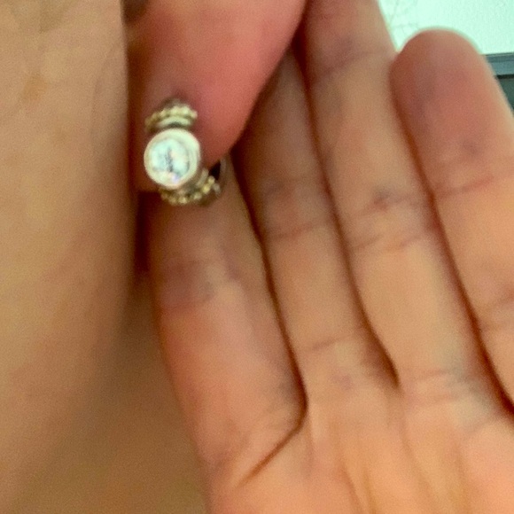 Silver huggy earrings. Center bezel  clear stone with Gold beading surround. - Picture 4 of 6